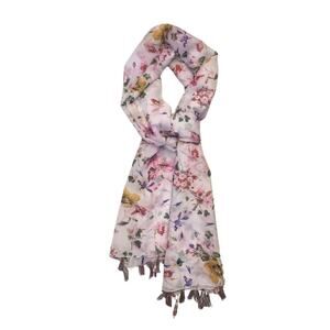 Krazy Kat Floral Print Tassel White Pink Purple Yellow Scarf Wrap Shawl